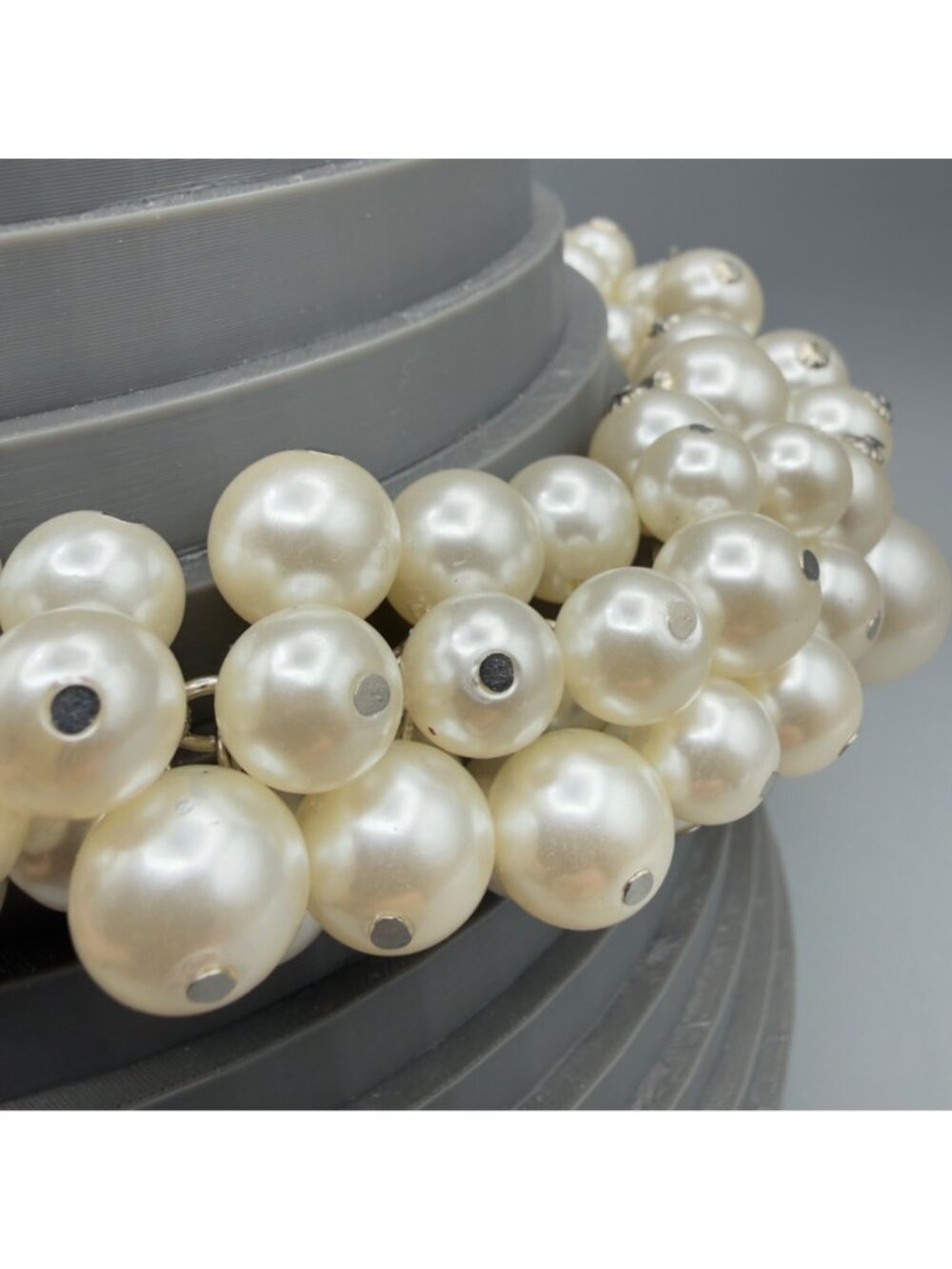 Faux Pearl Bib Necklace Chunky Bubble Cluster Statement Collar Silver Tone 16" - Picture 7 of 9